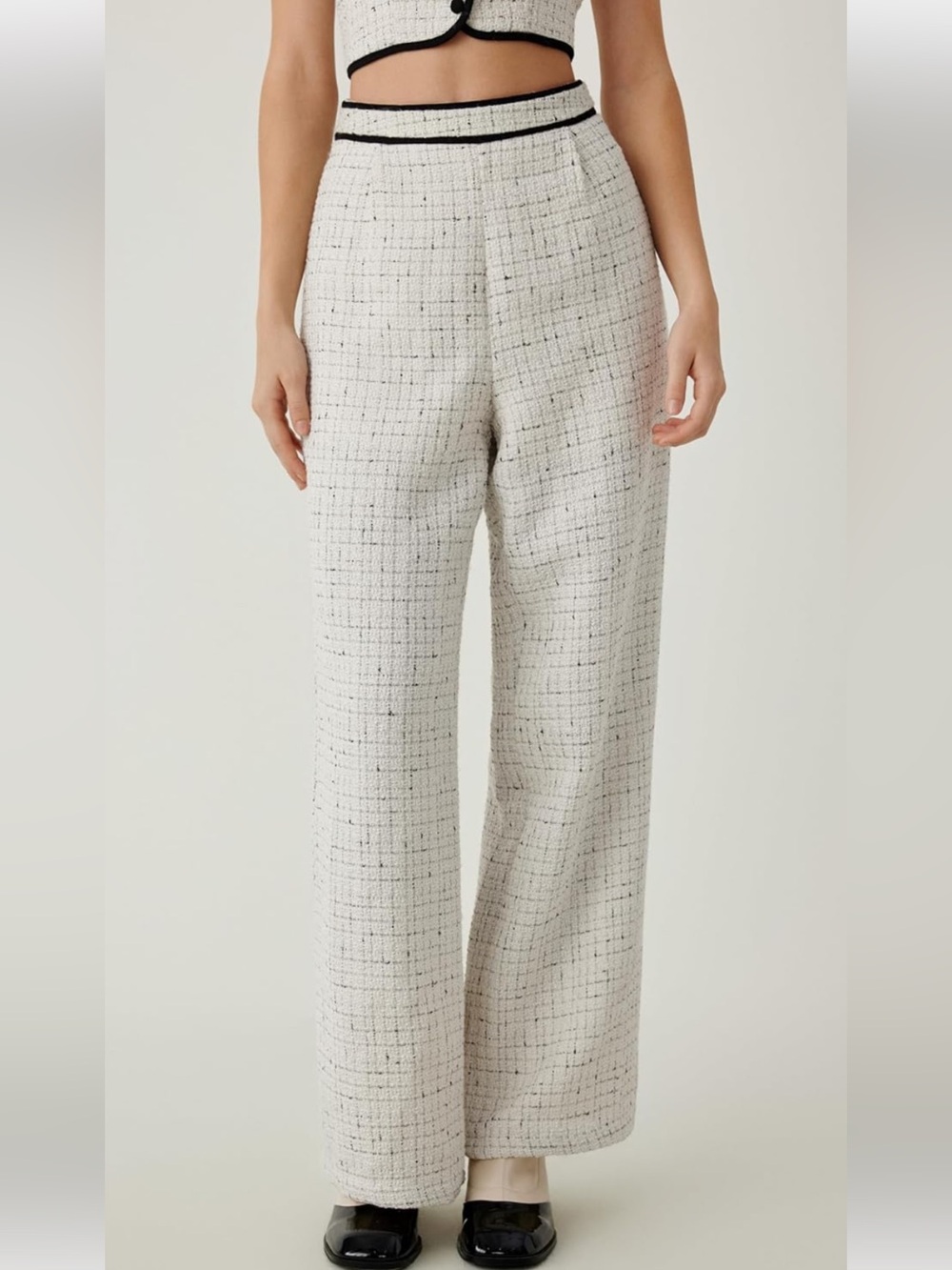 NWT Commense Off-White Tweed Wide-Leg Pants with Black Flecking Large